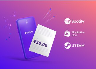 A purple phone icon and a paysafecard voucher and next to it Spotify Playstation Station and Steam logo on the right hand side